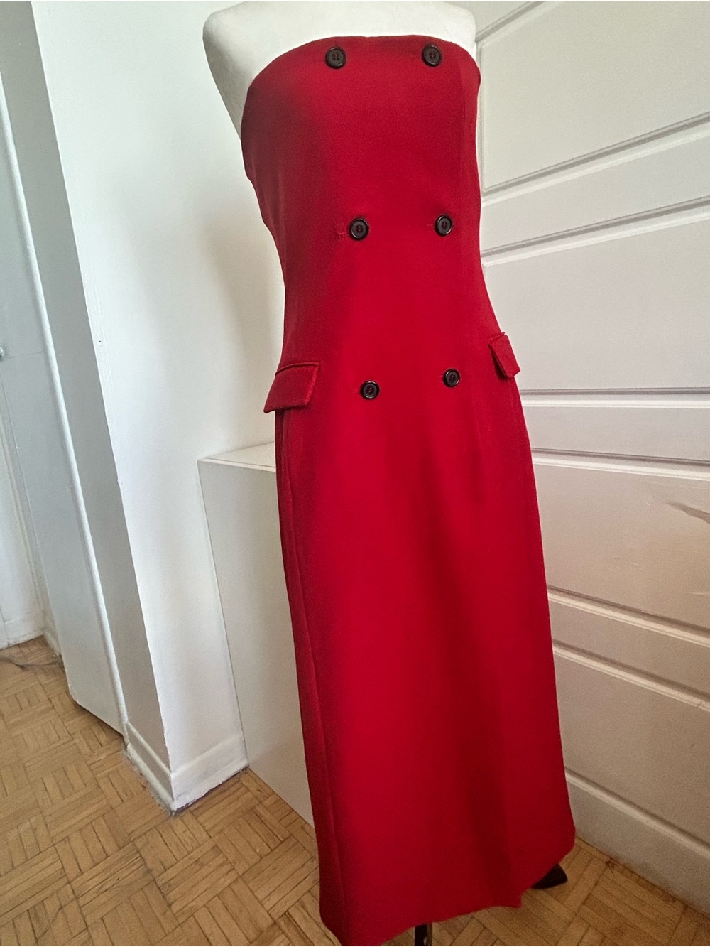 Zara Red Strapless Double Breasted Midi Dress Size M-Very Good Condition❤️